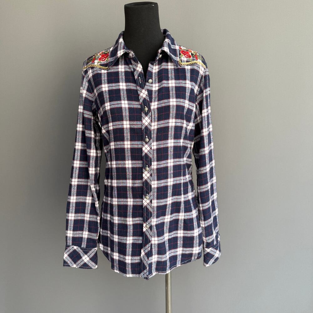 Grace in LA Embroidered Western shirt - Blue Plaid Boho Floral Cowgirl Size S - Picture 3 of 15